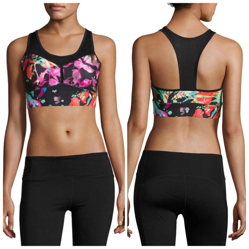 Nanette Lepore NWT Athletic Sports Bra Black Pink Racerback Longline Floral